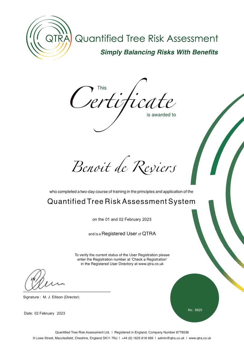 License d'obtention de la formation QTRA gestion des risques associés aux arbres Benoit de Reviers Mike Ellison Quantified Tree Risk assessment